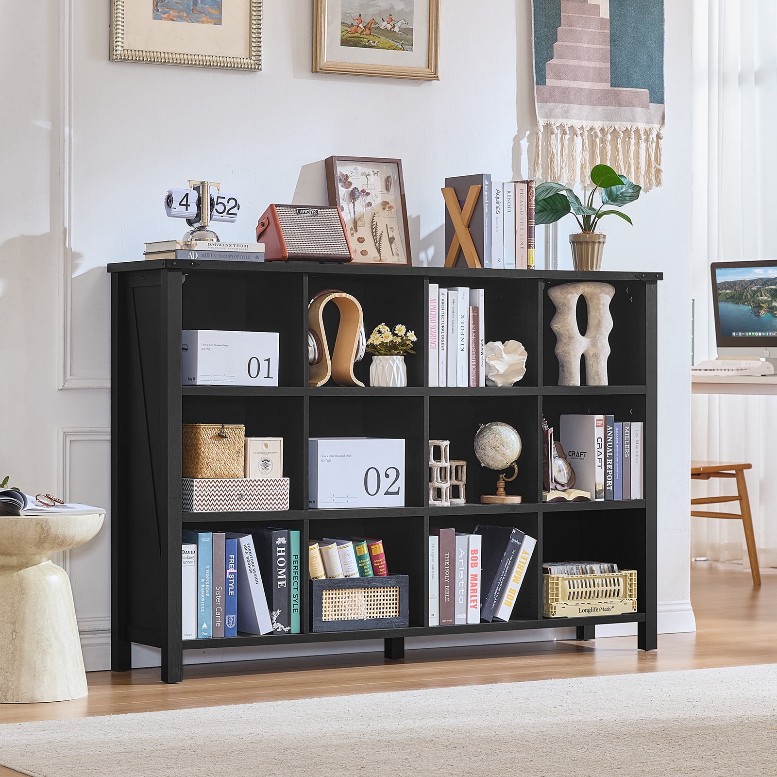 Joaxswe 12-Cube Bookcase and Bookshelves, 62'' Width Open CD Display Storage Rack, Vintage Cubby Cabinet for Living Room, Black