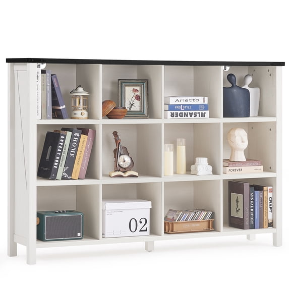 Joaxswe 12 Cube Storage Organizer, 3 Tier Farmhouse Book Shelves for Living Room, Horizontal Toy Storage Bookcase Cabinet for Bedroom, Office, White
