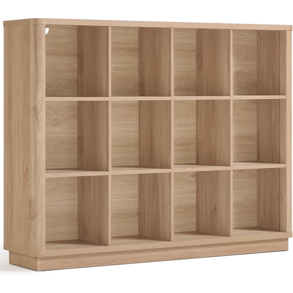 Joaxswe 12 Cube Storage Organizer, 41" Large Bookshelf with Curved Edge, Wood Floor Standing 3-Tier Cubby Bookcase with Base, Rustic Display Storage Cabinet for Living Room, Home Office, Natural Oak