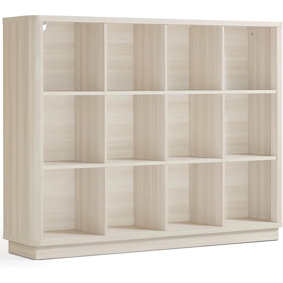 Joaxswe 12 Cube Storage Organizer, 41" Large Bookshelf with Curved Edge, Wood Floor Standing 3-Tier Cubby Bookcase w/Base, Modern Display Storage Cabinet for Living Room, Office, Gray-White Cream Oak