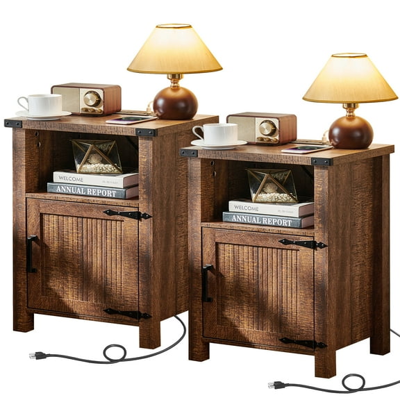 Joaxswe 18" Farmhouse Nightstand with Charging Station Set of 2, Open Shelf Bedside Table for Bedroom, Brown