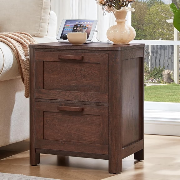 Joaxswe 2 Drawer Nightstand with Charging Station - Farmhouse End Tables, Rustic Side Tables for Bedroom & Living Room, Walnut