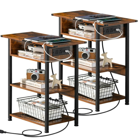 Joaxswe 2 Pack End Table 4 Layers with Storage Shelf and Build-In Fast Charging Station with USB Ports Bedside Table in Rustic Wood - Brown