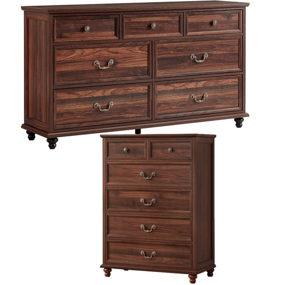 Joaxswe 2 Piece Dresser Set for Bedroom, Farmhouse 6 &7 Drawer Dresser, Fluted Wood Storage Cabinet, Modern Bedroom Furniture Set, Brown