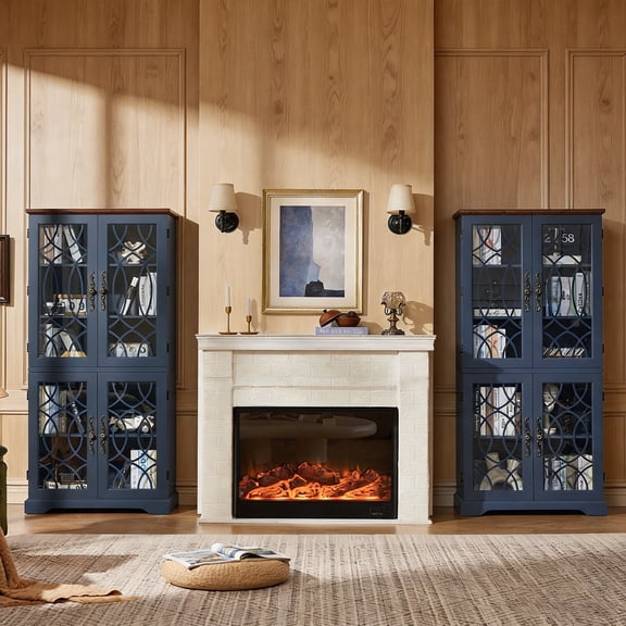 Joaxswe 2 Pieces 67" Tall Bookcases for Living Room, 5-Tier Bookshelf with Glass Doors, Storage Cabinet with Adjustable Shelves, Dark Blue