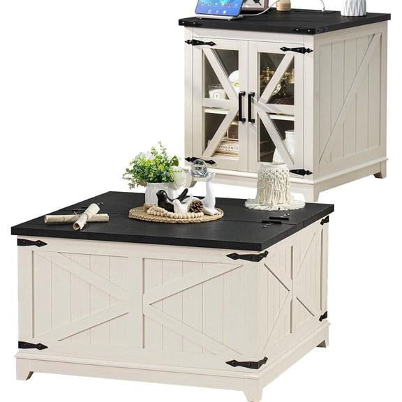 Joaxswe 2 Pieces Living Room Coffee Table Set, Retro Coffee Table with Square End Tables, Tea Table Set with Metal Corner Guard for Apartment Home Office, White