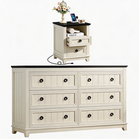 Joaxswe 2 Pieces Living Room Set, 6-Drawer Dresser & Nightstand with Open Shelf, Rustic Farmhouse TV Stand Set, White