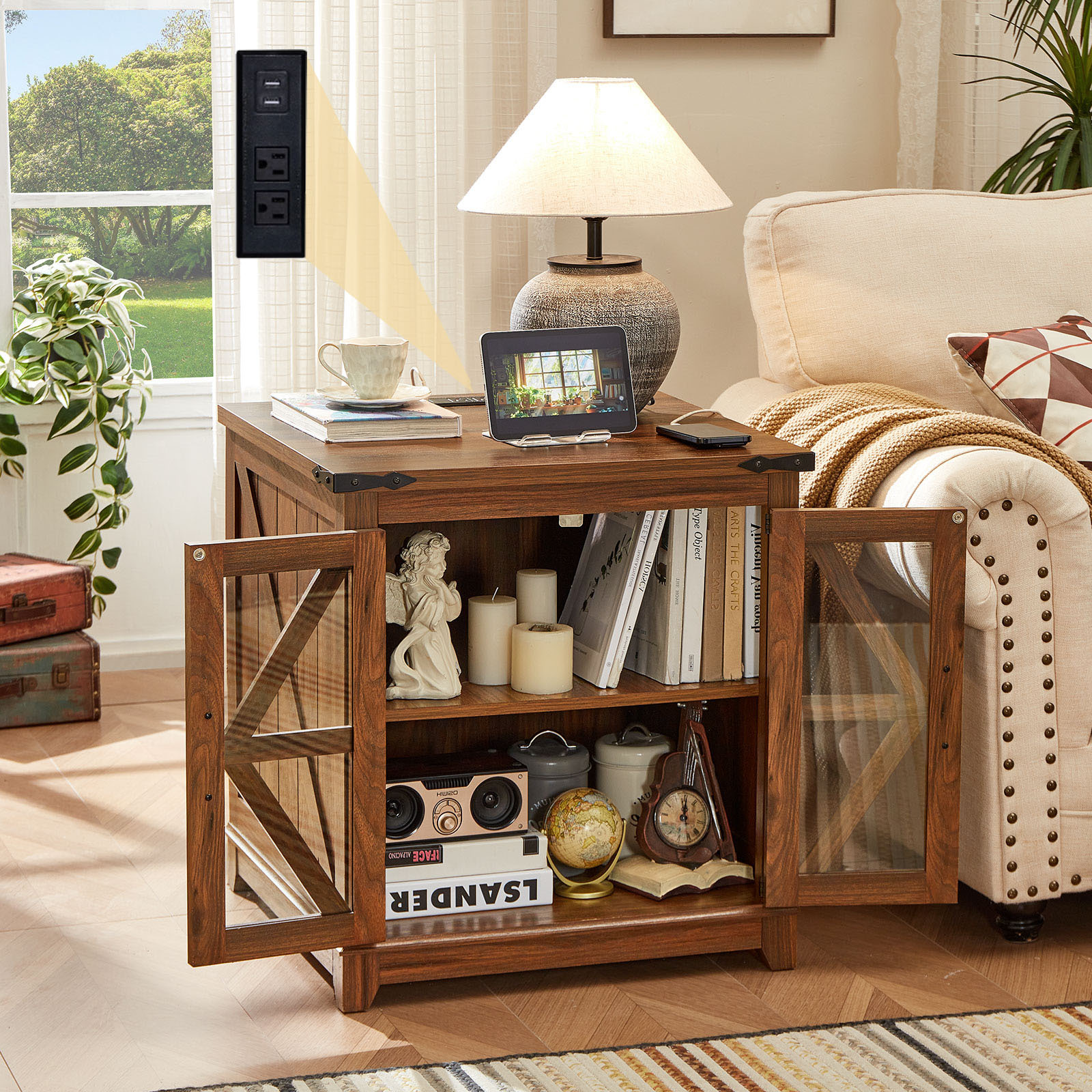Joaxswe 24" Farmhouse End Tables for Living Room with Charging Station, Nightstand for Bedroom with Drawer, Square Bedside Table for Living, Brown