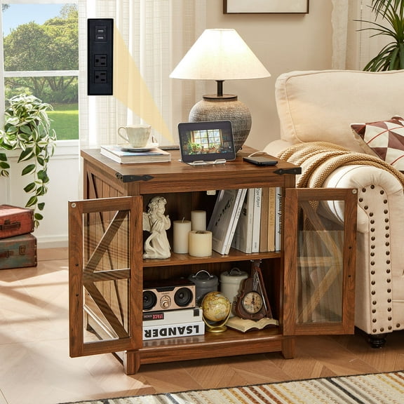 Joaxswe 24" Farmhouse End Tables for Living Room with Charging Station, Nightstand for Bedroom with Drawer, Square Bedside Table for Living, Brown