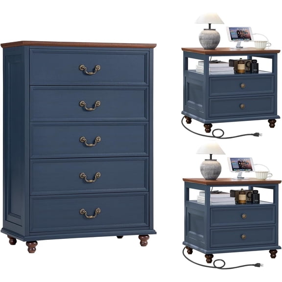 Joaxswe 24" Farmhouse Nightstand Set of 2 & 45" 5-Drawer Chest, Rustic with Solid Wood Feet, Dark Blue for Living Room, Bedroom