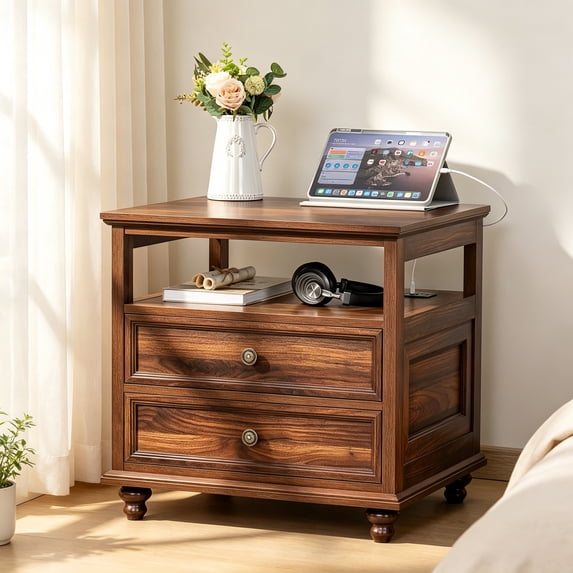 Joaxswe 24" Farmhouse Nightstand with Charging Station, Wood Bedside Table with 2 Drawers , Sofa Side End Table for Living Room, Bedroom, Brown