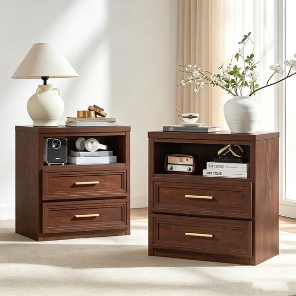 Joaxswe 24" Wide Farmhouse Night Stand Set of 2, Mid-Century Bedside Table with One Storage Shelf, Modern Nightstand for Bedroom, Walnut