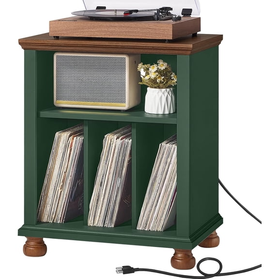 Joaxswe 24" Wide Record Player Stand with Charging Station,Green | Mid-Century Record Player Table,Vinyl Record Storage,Large Wood Turntable Stand Dispaly Cabinet for Living Room