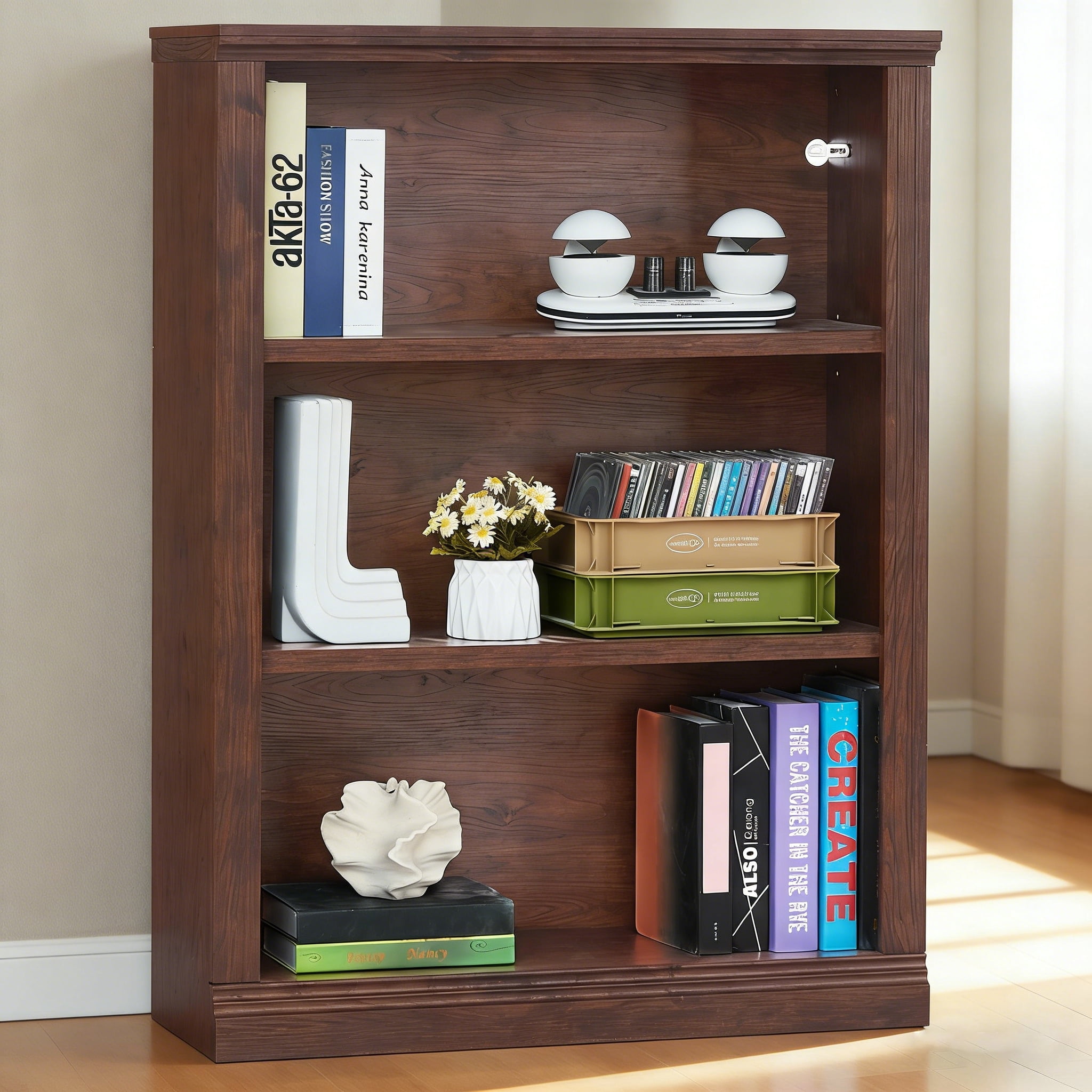 Joaxswe 3 Cube Tall Skinny Bookcase, Free Standing Organizer Shelf, Floor Vintage Bookshelves for Living Room, Office, Walnut
