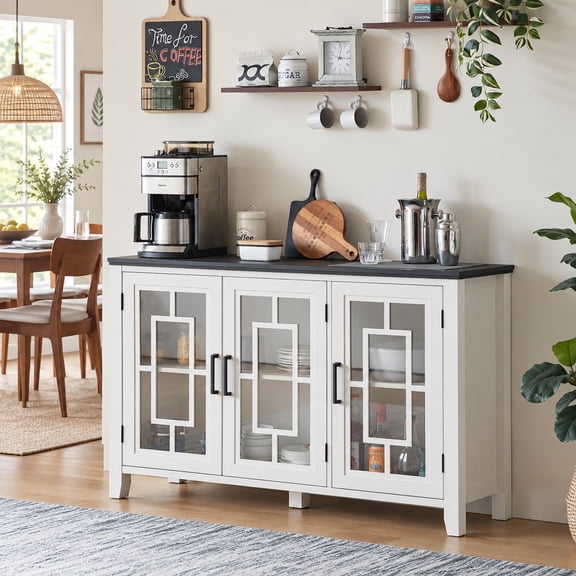 Joaxswe 3-Doors Sideboard Buffet Cabinet, 55" Farmhouse Wine Bar Cabinet, Mid Century Credenza for Dining Room, Living Room, White