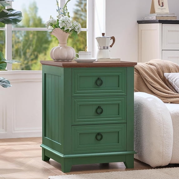 Joaxswe 3 Drawer Modern Farmhouse Nightstand, Wooden Bedside Table with Storage, Sturdy End Table for Bedroom Living Room, Green