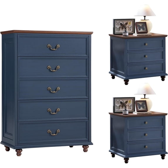 Joaxswe 3 Pcs Bedroom Furniture Set, Includes 45" Tall Dresser, Nightstand with 3 Drawers Sets of 2, Farmhouse Furniture Series for Living Room, Navy