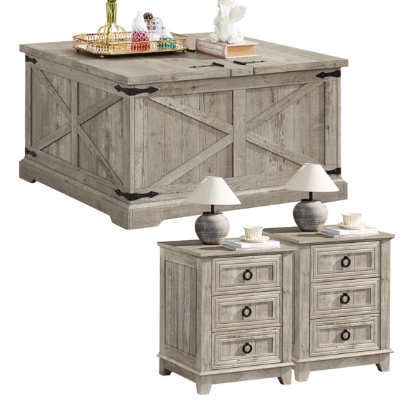 Joaxswe 3 Pcs Coffee Table Set with Rectangular Coffee Table and 2 Night Stand with 3 Drawers for Living Room, Antique Gray