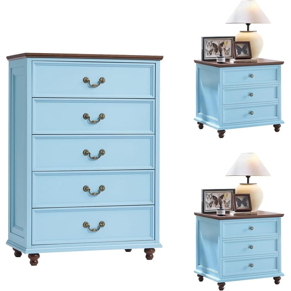 Joaxswe 3 Pcs Farmhouse Bedroom Dresser and Nightstand Set, 5 Drawer Dresser, Nightstand Set of 2 with 3 Drawers for Living Room, Closet, Light Blue