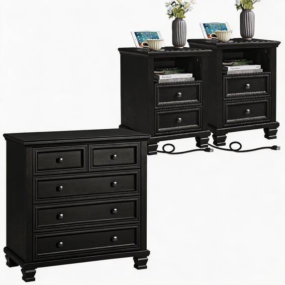 Joaxswe 3 Piece Bedroom Furniture Set, 5 Drawer Dresser with 2-Drawer Nightstands, Charging Stations & Square Legs, Farmhouse Style, Black