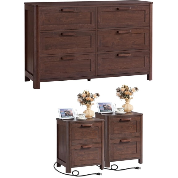 Joaxswe 3 Piece Bedroom Furniture Set, 6 Drawer Dresser with 2 Nightstands, Farmhouse Wood Storage Organizer with Drawers for Bedroom, Living Room