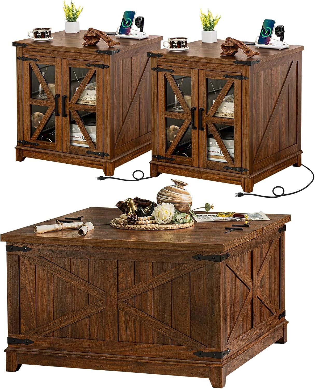 Joaxswe 3-Piece Coffee Table Set with Flips-up Rectangular Coffee Table and 2 End Tables with Charging Station, Hidden Storage and Modern Design for Living Room, Brown
