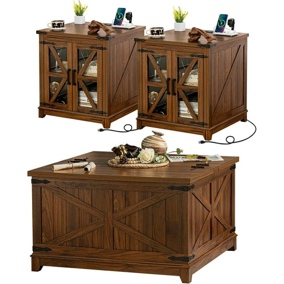 Joaxswe 3-Piece Coffee Table Set with Flips-up Rectangular Coffee Table and 2 End Tables with Charging Station, Hidden Storage and Modern Design for Living Room, Brown