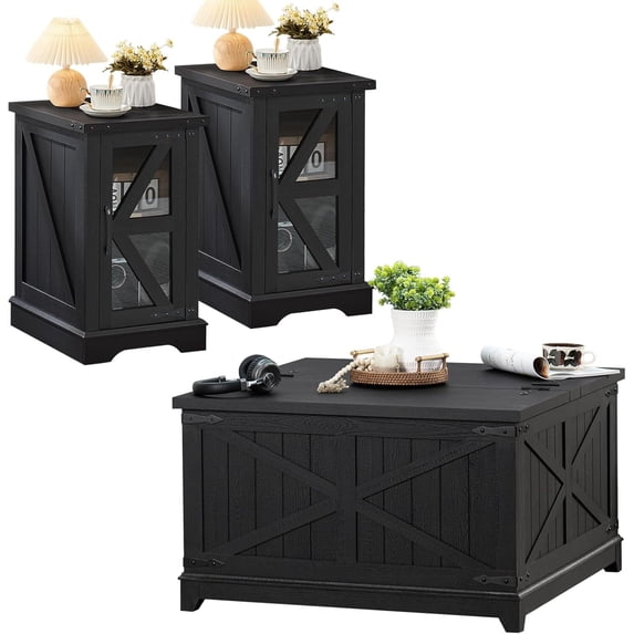 Joaxswe 3 Piece Coffee Table Set - Includes coffee table and 2 end tables, with Soft-Close Glass Doors, Black