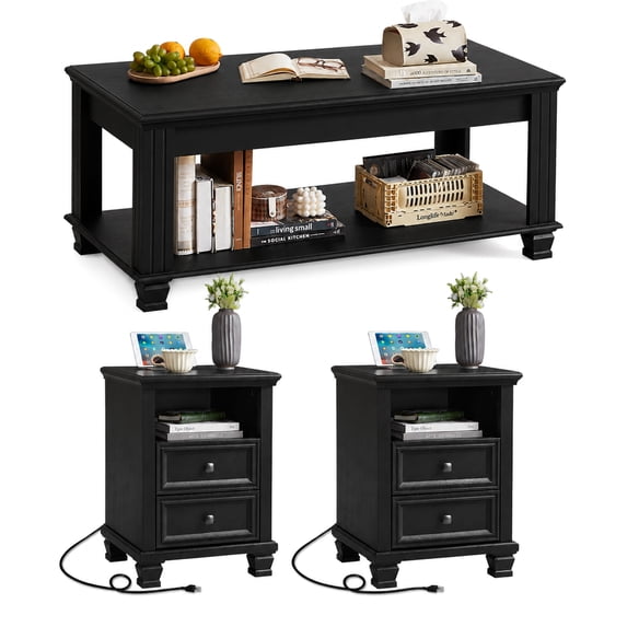 Joaxswe 3-Piece Coffee Table Set for Living Room, Coffee Table and 2 Side Tables with Charging Station, Farmhouse End Table Set, Black