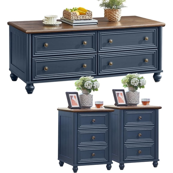 Joaxswe 3-Piece Coffee Table Set for Living Room, Side Table Set with 3 Drawers, Includes 1 Coffee Table and 2 End Tables, Navy Blue