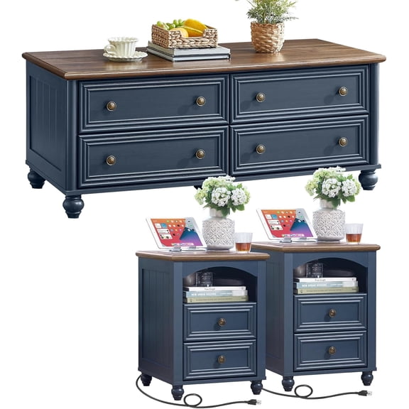 Joaxswe 3-Piece Coffee Table Set for Living Room, Side Table Set with Charging Station, Includes 1 Coffee Table and 2 End Tables, Navy Blue