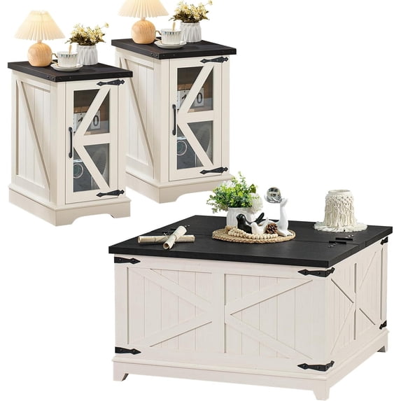 Joaxswe 3-Piece Coffee Table Set with Flip Top Coffee Table and 2 End Tables, Hidden Storage, Modern Living Room, White