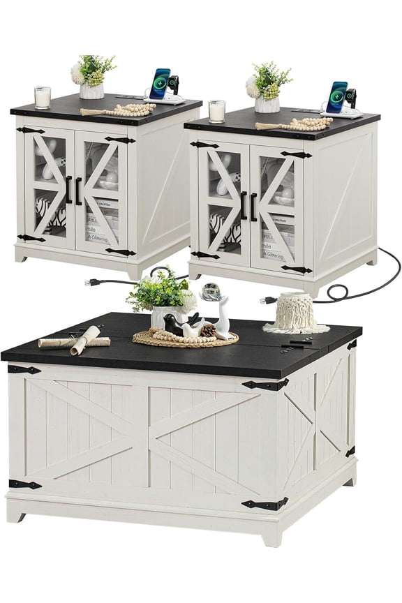 3-Piece Coffee Table Set with Flips-Top Coffee Table and 2 End Tables with Charging Station, Hidden Storage, Modern Living Room, White