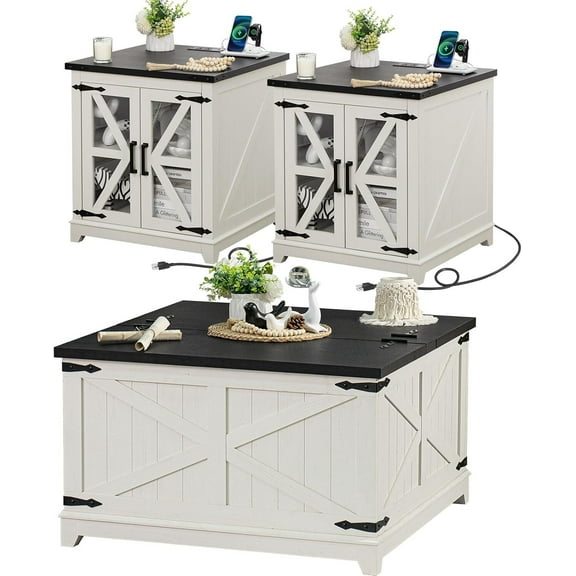 Joaxswe 3-Piece Coffee Table Set with Flips-Top Coffee Table and 2 End Tables with Charging Station, Hidden Storage, Modern Living Room, White