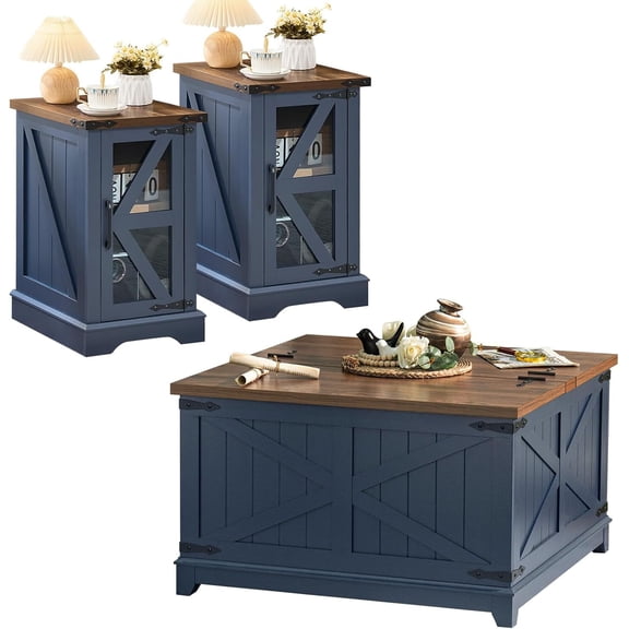 Joaxswe 3-Piece Coffee Table Set with Hidden Storage for Living Room, Vintage Dark Blue, Farmhouse Style