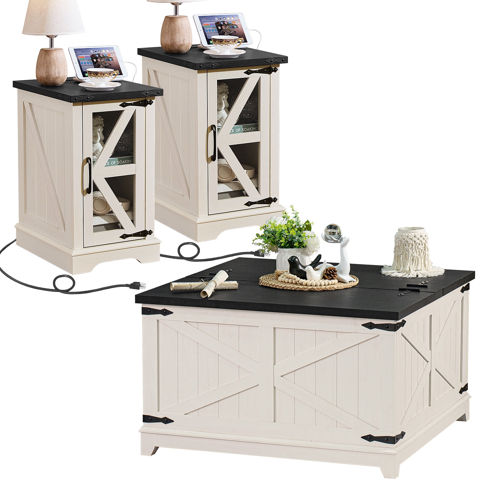 Joaxswe 3-Piece Coffee Table Set with Lift-top Table and 2 End Tables with USB Ports, Farmhouse Living Room Table Sets for Home and Office, White