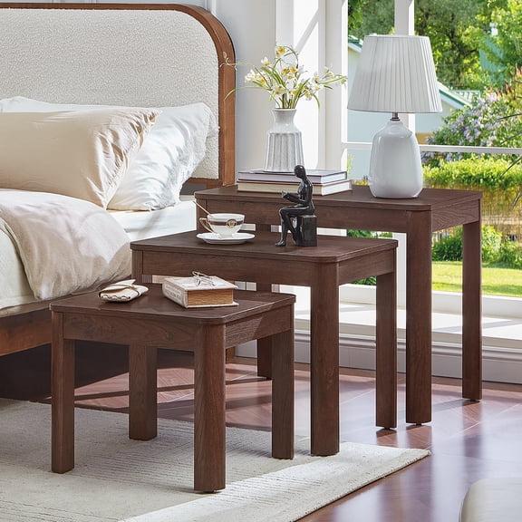 Joaxswe 3-Piece Farmhouse Nesting Tables – Space-Saving Living Room Set with Rounded Corners & Sturdy Thickened Legs, Walnut Finish
