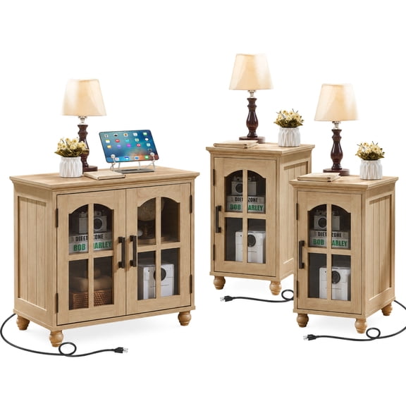 Joaxswe 3 Pieces End Table Set with Charging Station, Farmhouse Side Table & Nightstand Set of 2, Modern Furniture Set for Living Room, Natural Wood