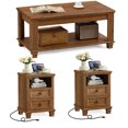 thumbnail image 1 of Joaxswe 3 Pieces Farmhouse Coffee and End Table Set, Retro Coffee Table & 2-Drawer Side Table Set of 2 with Charging Station, Brown, 1 of 8