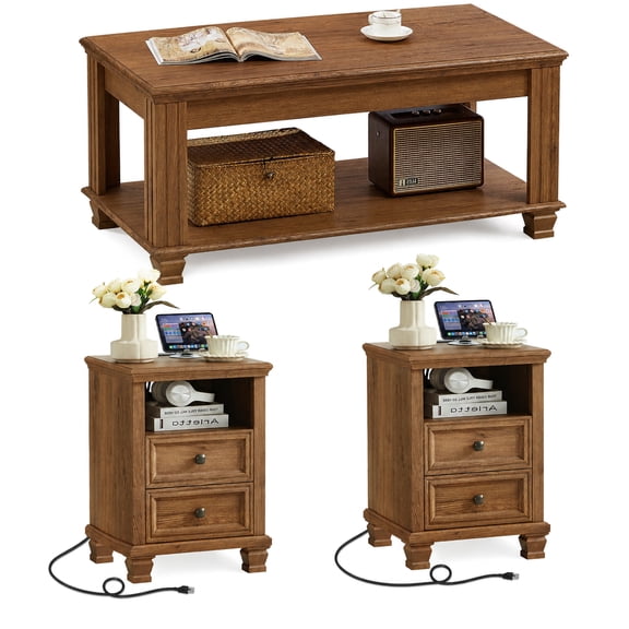 Joaxswe 3 Pieces Farmhouse Coffee and End Table Set, Retro Coffee Table & 2-Drawer Side Table Set of 2 with Charging Station, Brown