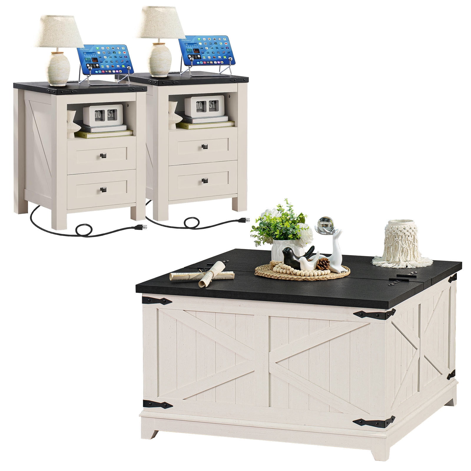Joaxswe 3 Pieces Farmhouse Living Room Table Sets, 31.5" Coffee Table & 2 End Tables with Charging Station, White