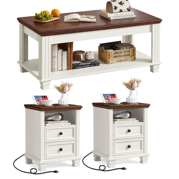 Joaxswe 3 Pieces Table Set for Living Room, Farmhouse Coffee Table & 2 Side Tables with Charging Station, Rustic Furniture Set, White