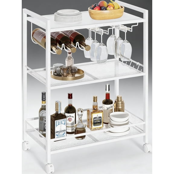 Joaxswe 3-Tier Bar Cart with Lockable Wheels, Mobile Serving Cart with Wine Rack & Glass Holder, Adult Rolling Kitchen Shelf, White