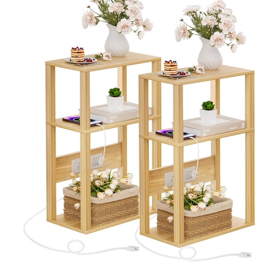 Joaxswe 3-Tier End Table Set of 2, Narrow Side Table, Storage Shelf for Living Room, Bedroom, Natural Oak