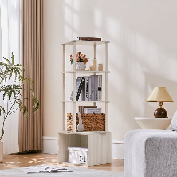 Joaxswe 3 Tier Rotating Bookshelf, 360° Display Rotating Bookcase Corner Storage Rack with Bottom Space Storage, Grey White
