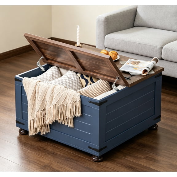Joaxswe 31.5" Square Flip Coffee Table, Farmhouse Coffee Table with Storage, Wood Center Table w/Large Hidden Space for Living Room Home Office, Navy