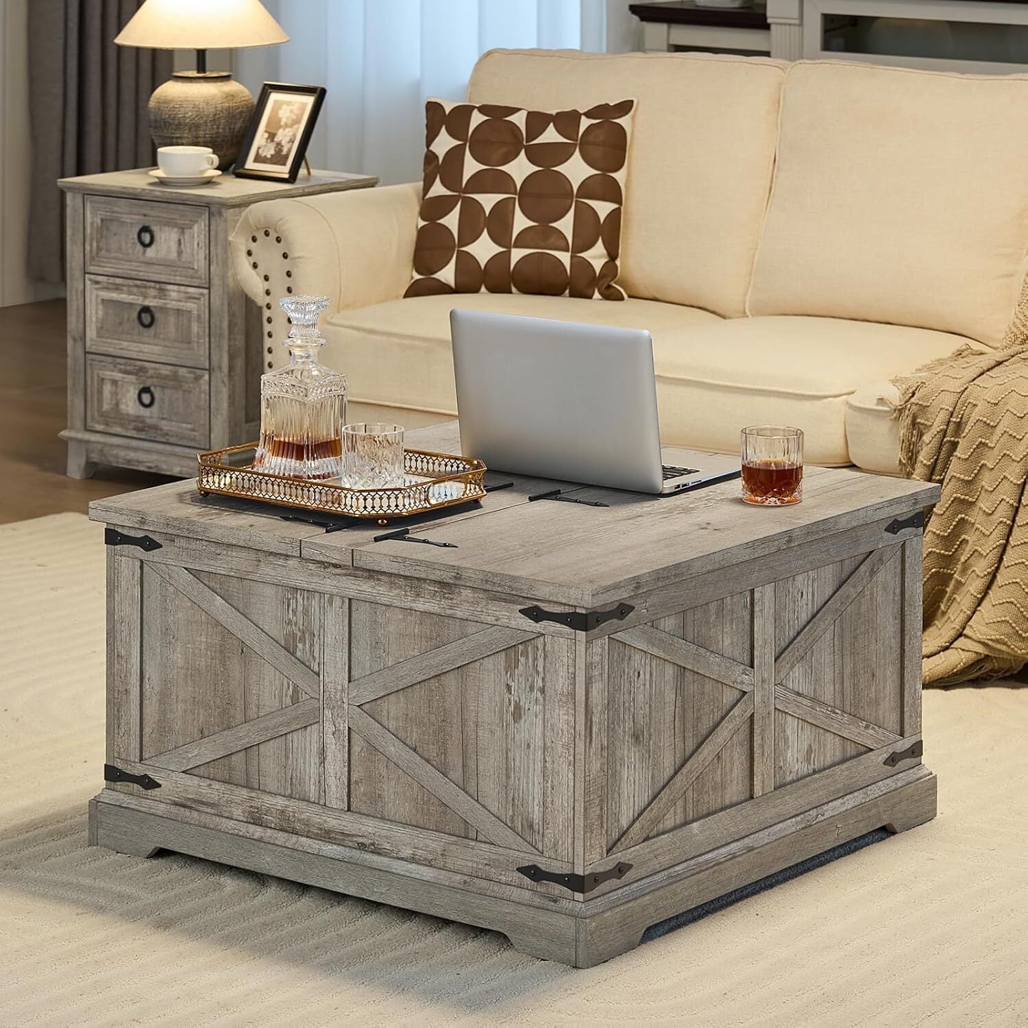 Joaxswe 31.5" Square Lift Top Coffee Table, Farmhouse Coffee Table with Storage, Wood Center Table w/Large Hidden Space for Living Room Home Office, Grey Oak