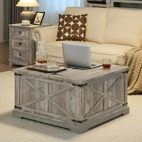 Joaxswe 31.5" Square Lift Top Coffee Table, Farmhouse Coffee Table with Storage, Wood Center Table w/Large Hidden Space for Living Room Home Office, Grey Oak