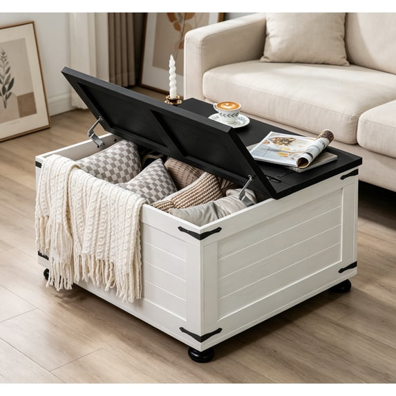 Joaxswe 31.5''W Square Coffee Table Farmhouse Flip-Top Coffee Table with Large Hidden Storage, Wood Center Table for Living Room, Home Office, White