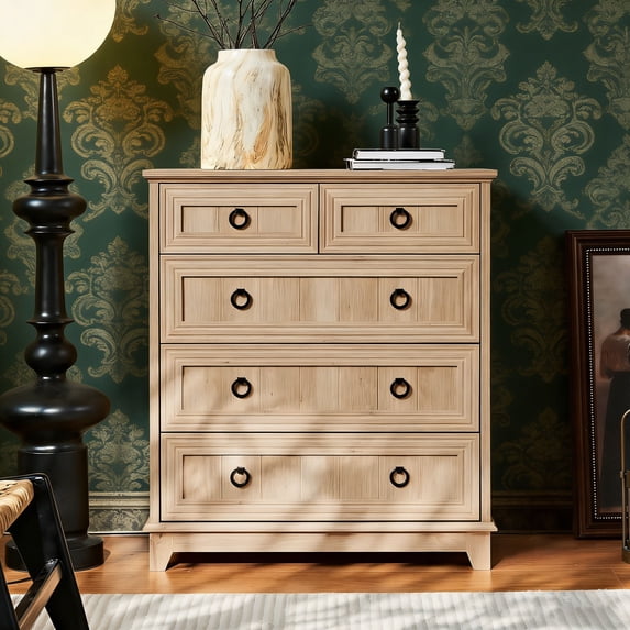 Joaxswe 33.2" Tall 5 Drawer Dresser for Bedroom, Farmhouse Adult Storage Chest of Drawers for Living Room, Natural Oak